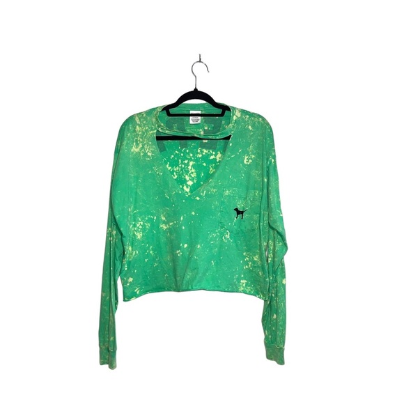 PINK Victoria’s Secret Tee Neon Green Yellow Tie-dye Crop V-neck Large Women’s - Picture 1 of 12